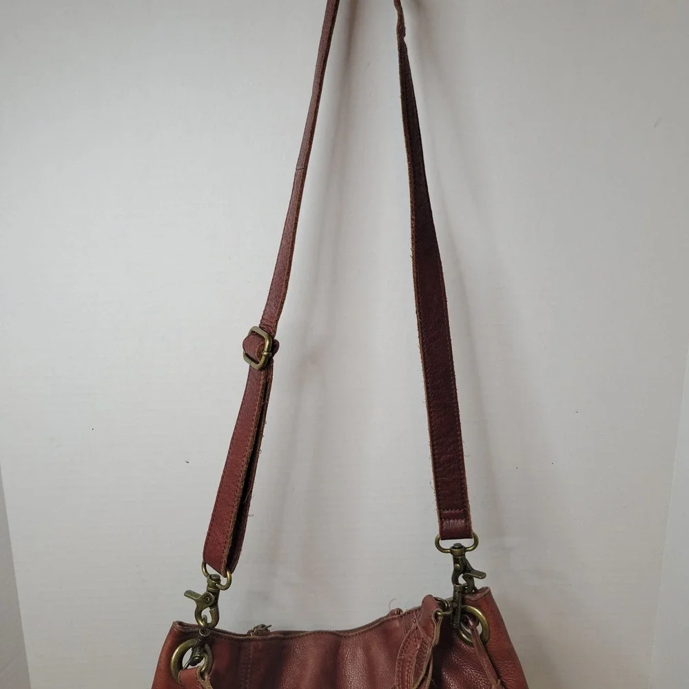 Lucky Brand Brown Leather Hobo Bag Braided Handle Crossbody Cognac Clover Charm